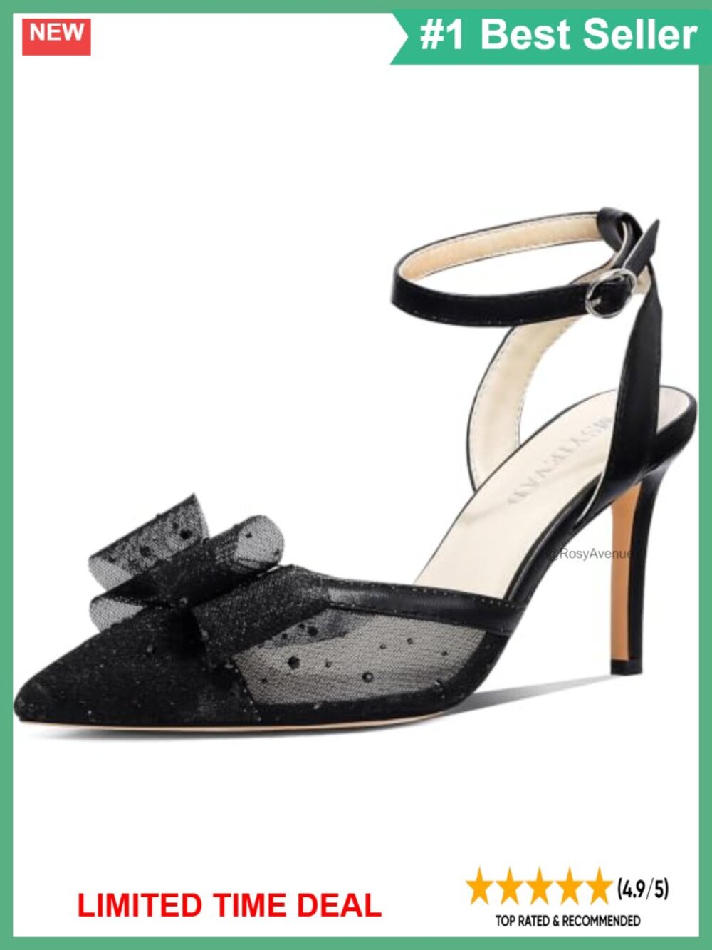 Pointed Toe Mesh Pumps Stiletto Rhinestone Bow Ankle Strap Heels